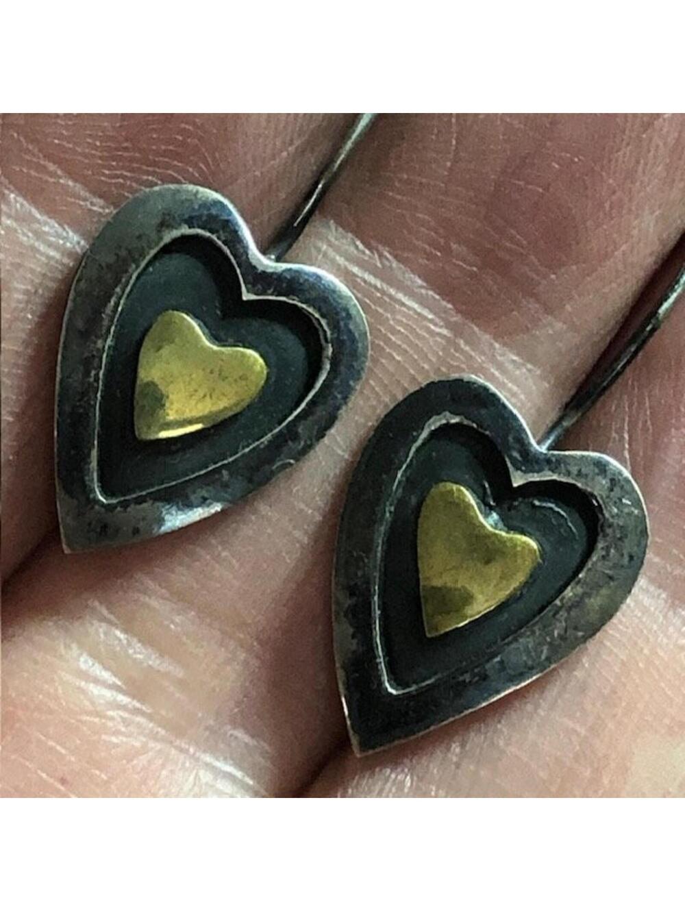B1659 VTG FAR FETCHED Heart Dangle Earrings Sterling Silver  patina 3.8g 1.25"